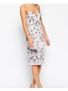 Strapless Pink Floral Midi Dress size 6 NWT